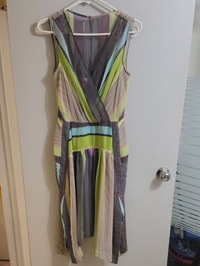 Calvin Klein Striped V-Neck Midi Dress in Lime, Mint & Neutral